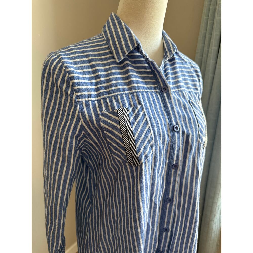 Boho Jane Chambray 100% Cotton Stripe Button Down‎ Tunic Top Size L Coastal Boho